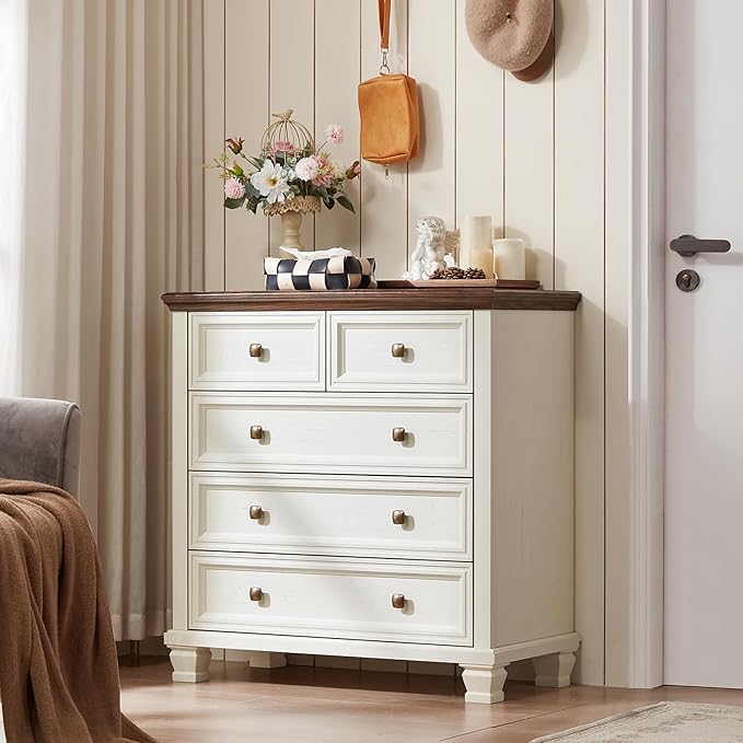 Farmhouse 5 Drawer Dresser Set of 2, 32.6 Inch Tall Modern Chest of Drawers for Bedroom, Mid Century Small Dressers w/Square Solid Wood Legs, Rustic Storage Organizer for Hallway, White
