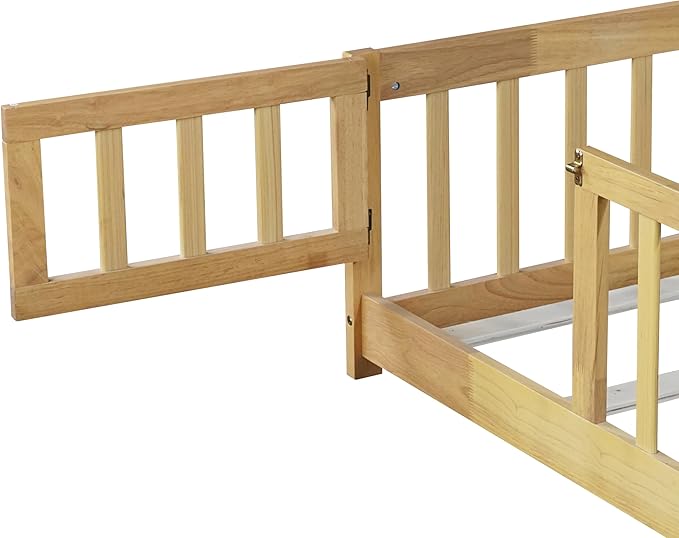 Bellemave Twin Size Floor Bed for Kids, Girls, Boys, Rubber Wood Floor Bed with slats and Door, Natural