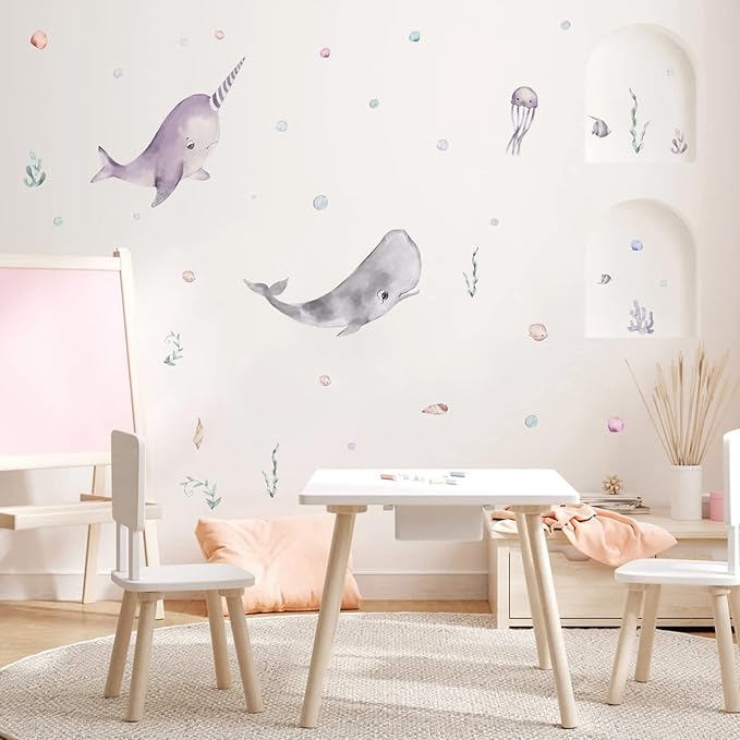 Whale Wall Dcals Peel and Stick for Kids Whale Removable Wall Stickers with Sea Life, Vinyl Ocean Wall Stickers for Bedroom Bathroom Nursery
