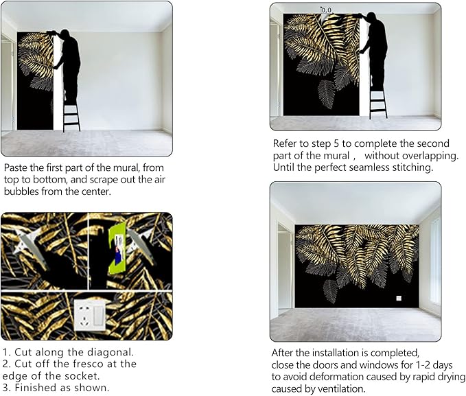 Black and Gold Leaf Mural Bedroom Tropical Botanical Wallpaper Room Plant Decor Living Room tv Background Large Wall Mural - 160"x108" (Not Peel and Stick)