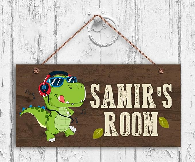 Personalized Wood Hanging Sign for Boys Nursery Kids Bedroom, Custom Wooden Door Sign with Any Text, Cartoon Dinosaur Decor, Kids Nursery Wall Art