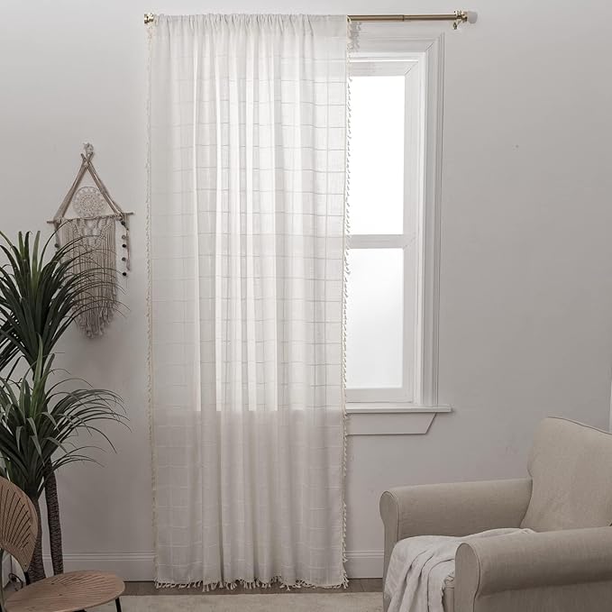 Deeprove Boho Plaid Curtains 63 inch for Home Office Kitchen Nursery, Semi Blackout Casual Farmhouse Tassels Window Treatment Bohemian Embroidery Drape Rod Pocket 1 Panel 52 W x 63 L, Cream White