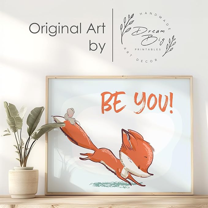 DREAM BIG PRINTABLES Fox Wall Art Prints (Set of 3) - Unframed - 8x10s | Woodland Nursery Decor - Inspirational Quotes for Boys and Girls Room - Be Kind, Be Brave, Be You - Kids Positive Affirmations