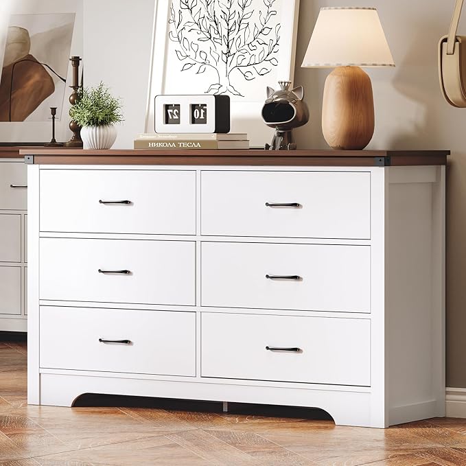 Farmhouse 6 Drawer Dresser for Bedroom, 51" Wide Chest of Drawers, Wooden Dresser Tv Stand, Storage Dressers Organizer for Bedroom, Living Room, Hallway, White