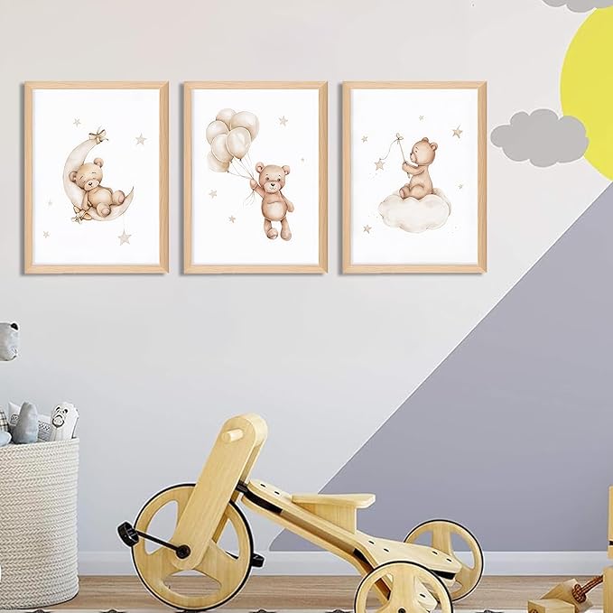 Framed Teddy Bear Wall Art Nursery Decor Set of 3, Bear Sleeping on The Moon and Stars Pictures Canvas, Neutral Bears Poster Prints Wall Decor for Kids Baby Room Girls Children Room – 12x16 inch