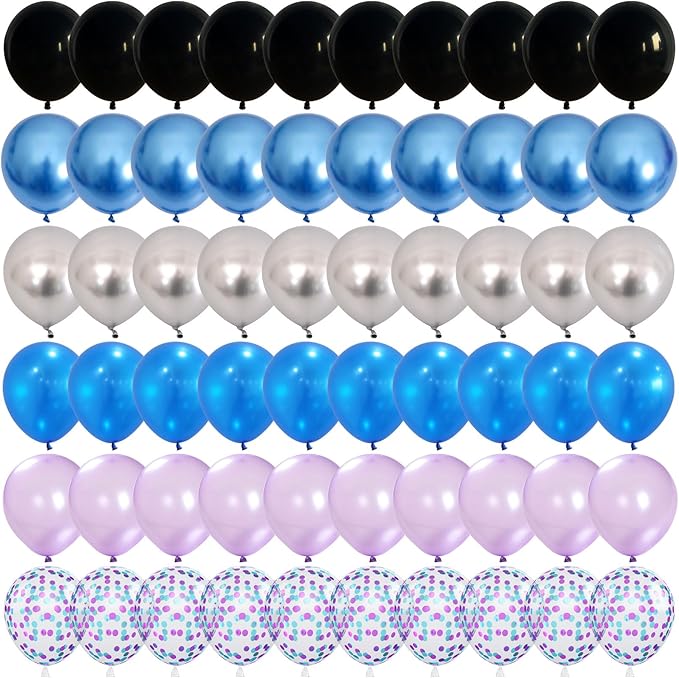 Black Blue and Purple Balloons, 12 Inch Metallic Blue Purple Black and Silver Confetti Balloons for Kids Boys Outer Space Astronaut Birthday Baby Shower Video Game Party Decorations
