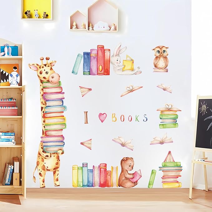 Animals Reading Books Wall Decals Watercolor Large Giraffe Bear Rabbit Owl Read Books Wall Stickers for Kids Bedroom Nursery Playroom Classroom Library Reading Corner Decoration