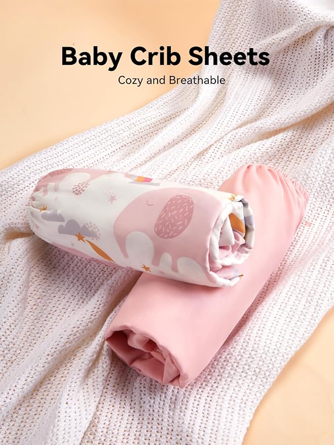 TILLYOU Baby Crib Sheets for Boys Girls, Super Soft Toddler Bed Sheets, 2 Pack Sheets for Standard Crib Mattress 28x52in, Rainbow Elephant