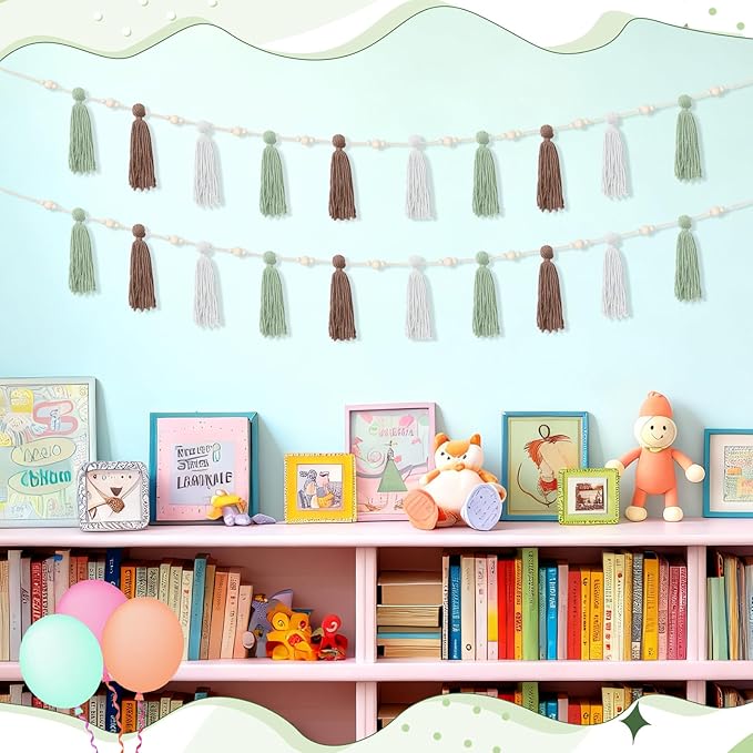 2 Pcs Tassel Garland with Wood Beads, Handmade Cotton Yarn Wall Hanging Banner Boho Tassel Wall Hanging Party Decor for Nursery, Birthday Baby Shower Home Classroom Decoration(Earth Tones)