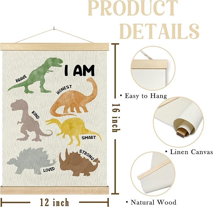 BCUANGD Dinosaurs Dino Wall Decor - Inspirational Boys Room Wall Art Poster Hanger with Wood Frames, Toddler Baby Mental Health Wall Hanging Canvas Decor for Kids Room Nursery Bedroom, 12x16 Inches