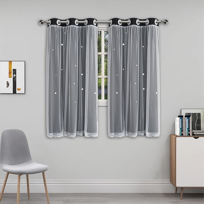 Cute Blackout Curtains with Sheer Overlay - Black Aesthetic Double Layer Star Cutout Curtain for Teen Girls Room, 60 Inch Length 2 Panels Kids Bedroom Nursery Decor Short Drapes