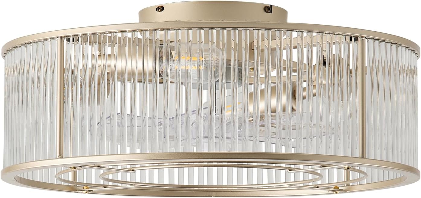 Low Profile Ceiling Fans with Lights, 20" Gold Crystal Ceiling Fan with Light Flush Mount and Remote Control, Drum Caged with 6 Speeds for Bedroom, Nursery, Living Room (Gold Crystal)