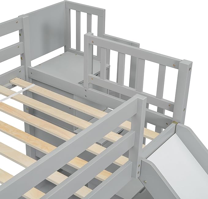 Twin Over Full Bunk Bed with Slide, Solid Wood Bunk Bed with Safety Guardrails and Storage Staircase for Kids Teens Boys Girls Bedroom, Space Saving Design (Grey-30c)