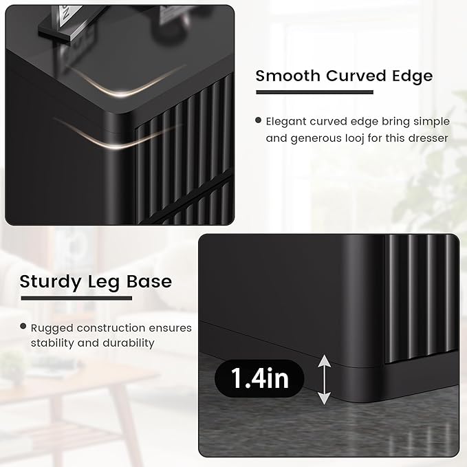 Black 9 Drawers Dresser, 57" Wide Fluted Dresser for Bedroom, Modern Chest of Drawers with Curved Profile, Handleless, Wooden TV Stand with Organizer Storage for Living Room, Entryway