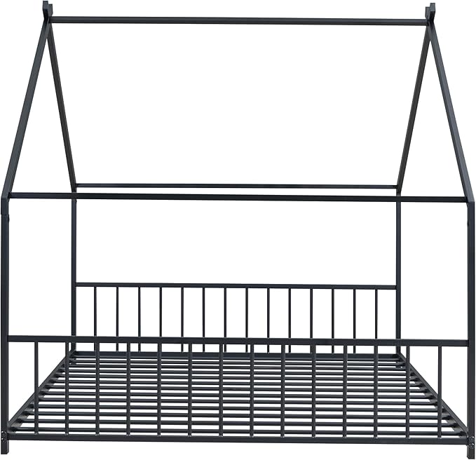 Full Size House Shaped Montessori Platform Beds, Wood Floor Bed Frame with Roof and Fence Deisgn, Kids Double Toddler Bed for Children Boys Girls, Easy Assemble, No Box Spring Needed, Black