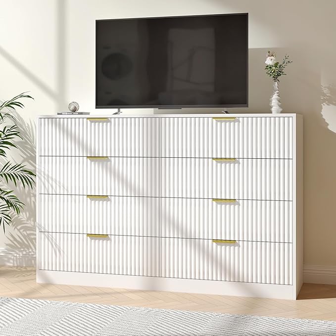 White Fluted Dresser Bedroom with 8 Drawer,55” Wide White Double Drawer Dresser Modern Chest of Drawers with Gold Handles,Wood TV Stand for Bedroom,Living Room
