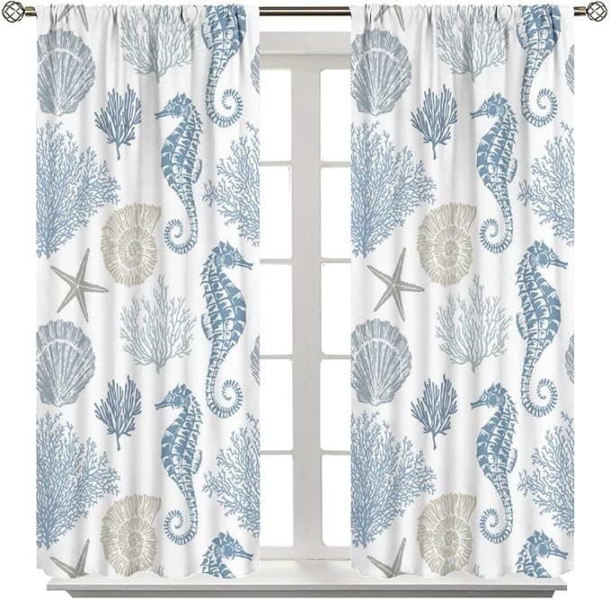 Seahorse Coral Curtains,Starfish Seashell Beach Sea Starfish Seashell Theme Pattern Blackout Print Home Bedroom Living Room Window Treatmen 2 Panel Set 55x63 Inch