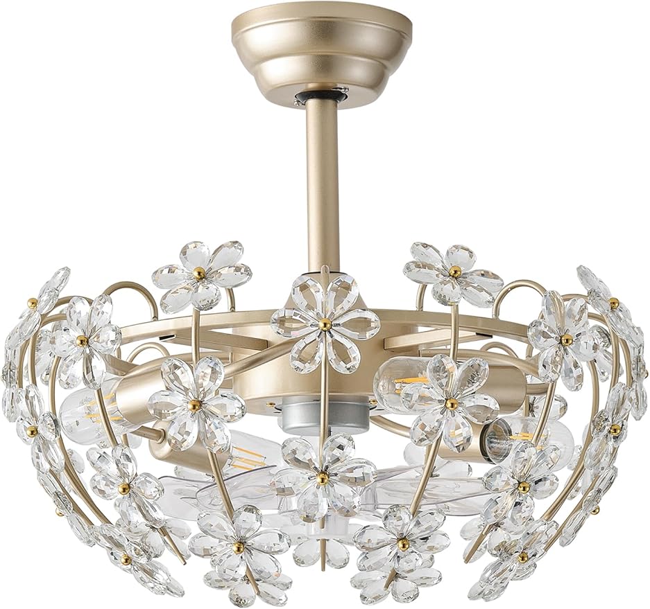 20" Gold Crystal Fandelier Ceiling Fan with Light, Mid-Century Flower Chandelier Ceiling Fan with Light Remote Control, Modern Caged 6 Speeds for Bedroom, Nursery, Foyer, Living Room
