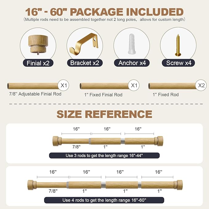 Natural Light Wood Grain Curtain Rods for Windows 28 to 48 Inches 1" Diameter Heavy Duty Window Curtain Rod Adjustable with Solid Finials for Living Room Bedroom Kitchen Farmhouse Outdoor