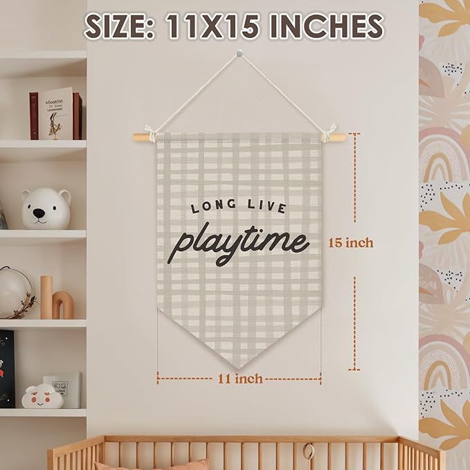 Wheatwin Playroom Decor, Long Live Playtime Neutral Checkered Wall Hanging Pennant Flag Banner, Play Room Wall Decor for Kids Nursery Toddler Room Bedroom Playroom 15x11 Inch