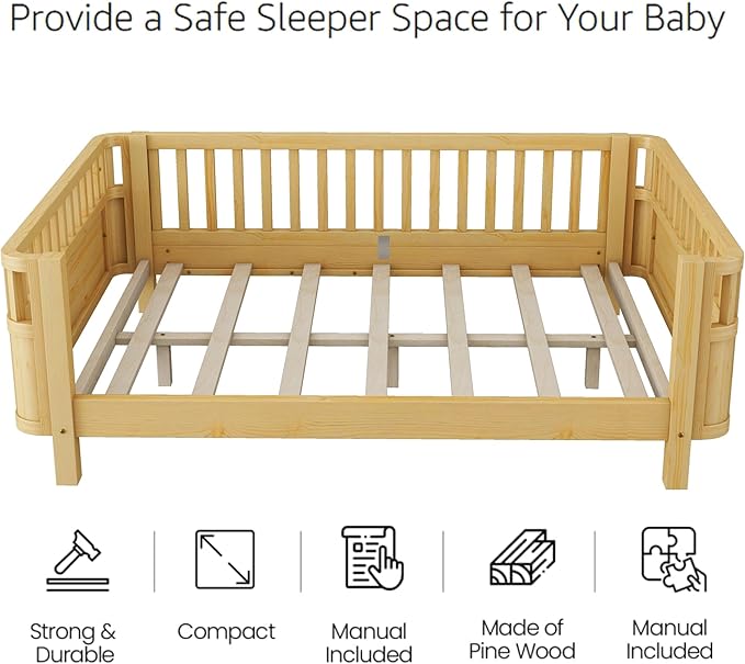 Full Size Bed Frame Kids with Rails, Wood Montessori Bed Full with Slats Support, Modern Daybed Low to Ground with Removable Bed Rails for Girls Boys Bedroom Living Room, Natural