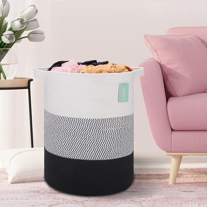 BOSROTY Large Laundry Hamper for Girls Boys Kids 72L, Nursery Hamper, Tall Laundry Basket, Cotton Rope Woven Blanket Basket for Storage Toys Clothes Towels, 16”x 22”, White & Gray & Black