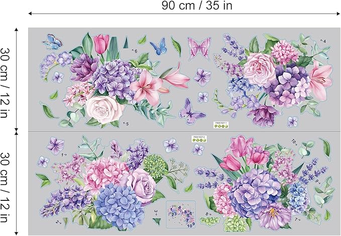 Flowers Bouquet Wall Decals Pink and Purple Floral Butterflies Wall Stickers, Bedroom Living Room Dining Room Sofa Background Peel and Stick Wall Decor