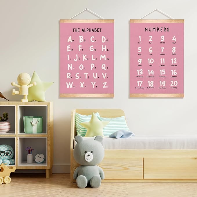 Kids Alphabet and Numbers Educational Chart Set of 2 for Classroom Decor,Colorful Educational Poster for Toddlers 1-3,Toddler Learning Poster for Kids Ages 3-5 for Nursery Playroom,Classroom Must Haves 14x18.5Inch(Pink)
