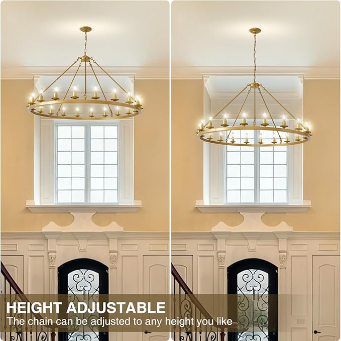 Wagon Wheel Chandelier, 20-Light Gold Round Modern Farmhouse Chandelier with Adjustable Height Hanging Island Light Fixture for High Ceiling Dining Room, Kitchen, Living Room, Entryways, Foyer