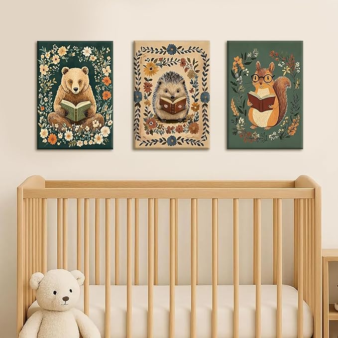 3pcs Animal Reading Canvas Wall Art Cute Woodland Animals Wall Decor Bear Hedgehog Squirrel Pictures Print Bohemian Floral Posters Paintings Suitable for Kids Room Nursery Playroom 16 x 24 Inch