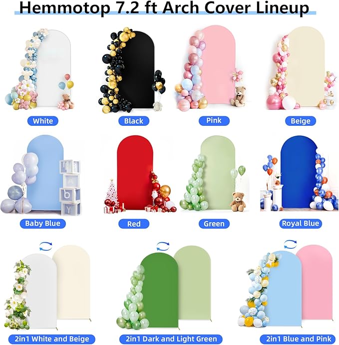 Hemmotop 7.2 ft Arch Backdrop Cover (One Piece Double Color), White and Beige Spandex Arch Stand Covers, Fabric Stretchy Background for Balloon Arches, Wedding, Birthday Party, Baby Shower