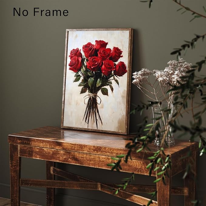 Vintage Flower Canvas Wall Art Red Rose Painting French Country Flowers Prints Farmhouse Rose Poster Floral Still Life Prints Retro Flower Botanical Painting Red Floral Posters 16x24inch Frameless
