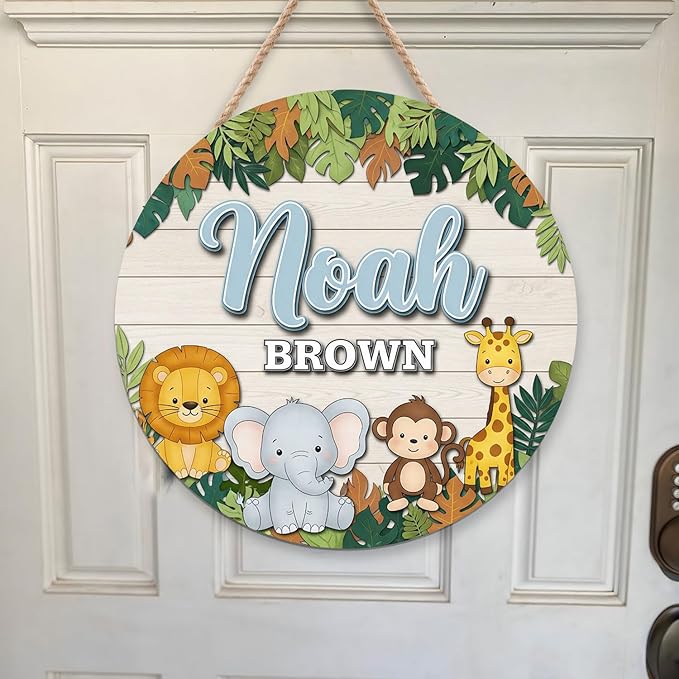 Jungle Animal Name Wooden Sign – Custom Wooden Nursery Wall Plaque with Lion, Elephant, Monkey, Giraffe, Personalized Toddler Room Decor Keepsake Gift for New Parents