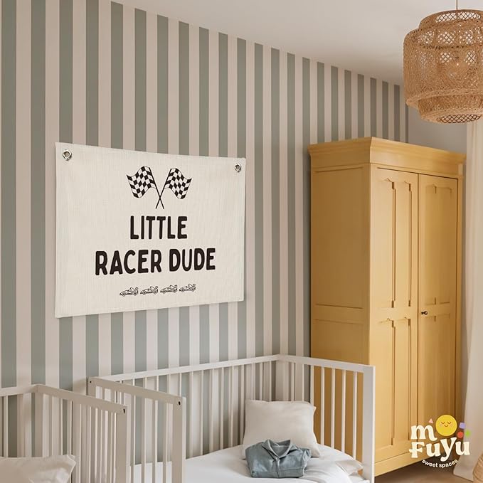 Little Racer Dude Canvas Banner – Race Car Room Decor for Boys, Toddler Boy Wall Hanging for Bedroom or Playroom, 30x20 Inch
