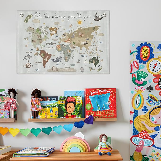 Wheatwin World Map Wall Art Banner for Kids 20x30, World Maps for Wall, World Map Cute Animal Educational Tapestry Wall Hanging Canvas Wall Decor Banner Flag Decor for Kids Room Playroom Classroom - Blue