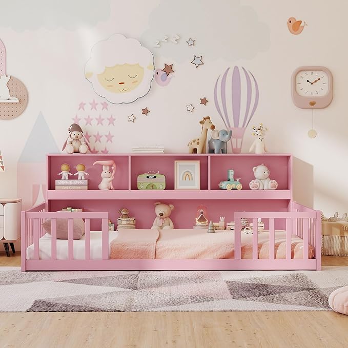 Giantex Twin Floor Bed for Kids, Wooden Montessori Bed Frame with Bookcase, Storage Shelves & Safety Fence Rails, Floor Beds Twin for Girls, Boys, No Box Spring Needed, Without Slats, Pink