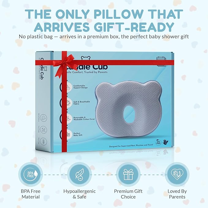 Baby Pillow for Newborns 0–12 Months – Memory Foam Head Shaping Pillow for Flat Head Prevention – Breathable Ergonomic Support with Washable Cotton Cover