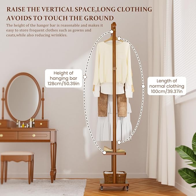 Coat Rack Freestanding Clothing Rack with Wheels & 2 Shelves Storage & 5 Hooks Heavy Duty Clothes Rack Wood Coat Tree Stand Hat Hanger Rack for Corner Bedroom Entryway Living Room Hotel Size L