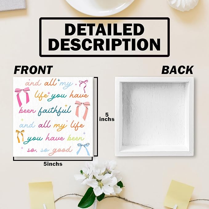 Christian Coquette Bow Wood Box Sign - Inspirational Desk Shelf Decor, Bible Verse Decor, All My Life You Have Been Faithful Christian Wooden Block Plaque Box Sign for room Table Decorations
