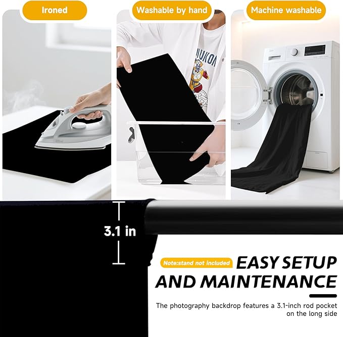 YSKE-Y2 Heavy Duty Photo Backdrop, 10x8ft Black Seamless Fabric Background Photography Backdrop Curtain Screen for Photoshoot Video Studio Party