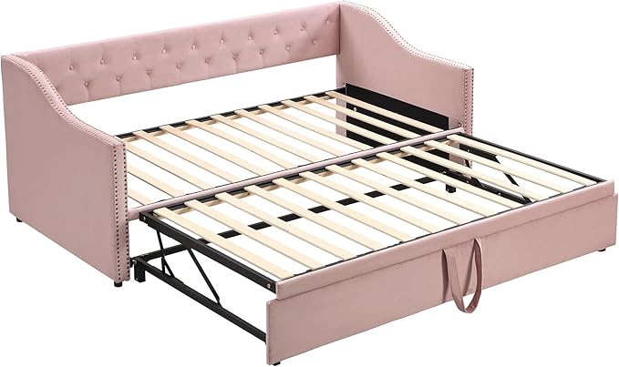 Merax Twin Size Upholstered Velvet Daybed with Pop Up Trundle, Multi-Functional Sofa Bed with Backrest and Two Armrest for Kids Room, Guest Room, Living Room, Pink