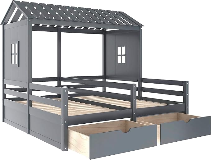 P PURLOVE Twin Double Shared Bed,Twin Size House Platform Beds with Two Drawers for Boy and Girl Shared Beds, Montessori House Bed Frame Combination of 2 Side by Side Twin Size Beds,Gray
