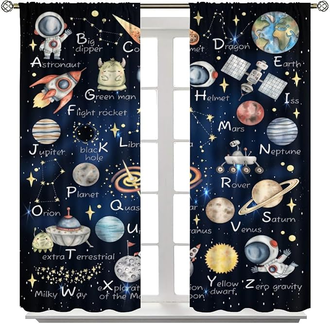 Cartoon Kids Alphabet Astronaut Curtain,Retro Cute Cosmic Galaxy Letter Printed Rod Pocket Blackout Window Treatments for Boys Girls Bedroom Living Room School 42" W X 45" L