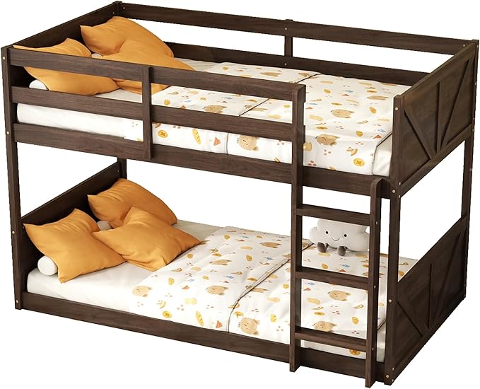 Bunk Bed Twin Over Twin, Wood Low Profile Floor Twin Bunk Beds with Headboard Ladder Guardrails for Kids Boys and Girls, No Box Spring Needed
