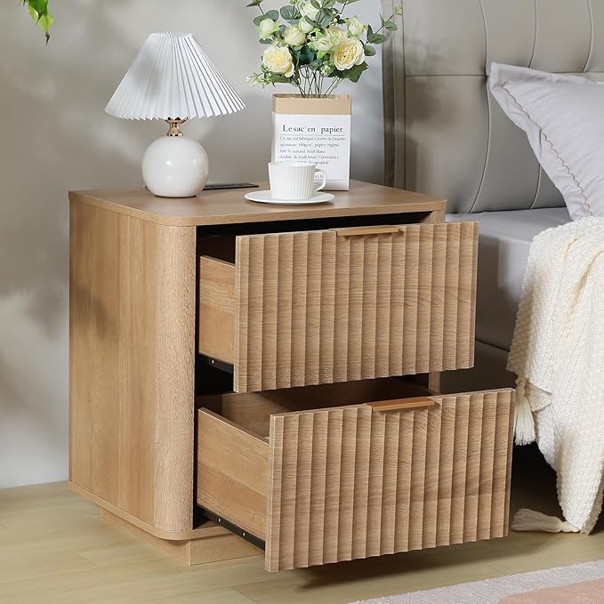 Fluted Nightstand with Charging Station, 23" Night Stands with 2 Drawers, Wood End Table with Storage, Oak Bedside Cabinet for Bedroom