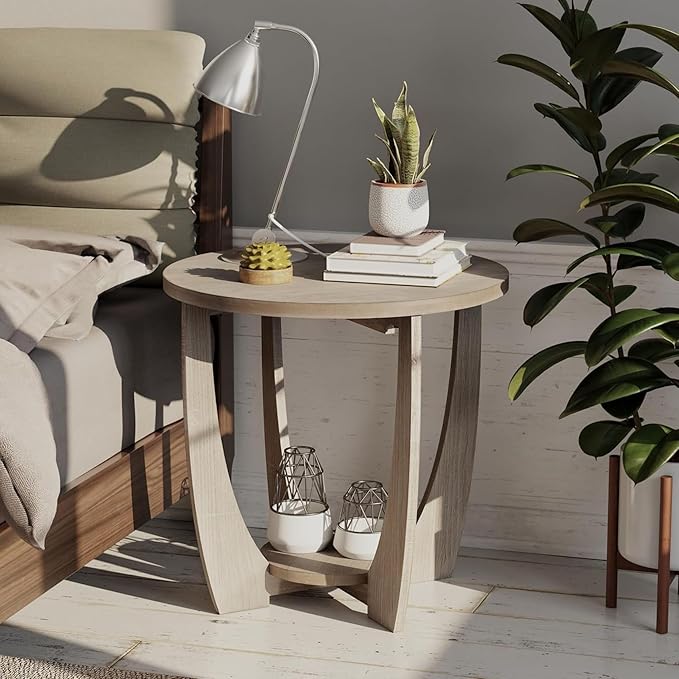 COZAYH Rustic Farmhouse End Table with Storage Shelf, French Country Modern Round Accent Side Table for Small Spaces, Vintage Grey Finish