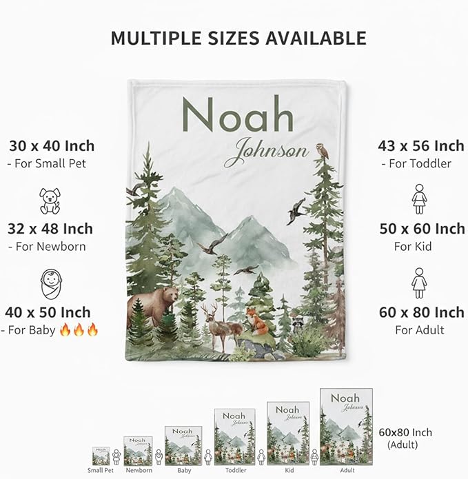 Personalized Woodland Baby Blanket with Name, Custom Name Blanket for Boy, Printed in USA, Super Soft Blankets for Newborn, Customized Gifts for Baby Shower Birthday Christmas
