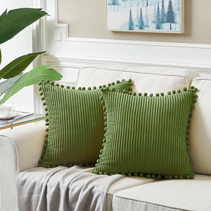 Fancy Homi Pack of 2 Moss Green Decorative Throw Pillow Covers with Pom-poms, Soft Corduroy Solid Square Cushion Cases Set for Couch Sofa Bedroom Car Living Room (18x18 Inch/45x45 cm, Moss Green)