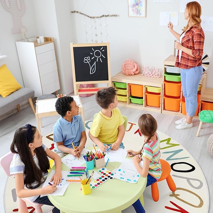 LIVEBOX ABC Play Room Round Kids Rug,Large Colorful Rug for Nursery, Rainbow Area Rug for Classroom, Circle Washable Rugs Educational Alphabet Carpet for Playroom Dorm Bedroom(71",Multi Color)