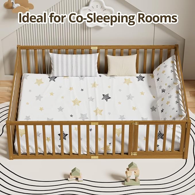 LLS Queen Size Floor Bed with 21.6" High Fence for Kids Boys Girls, Solid Wood Multifunctional Montessori Bed Frame with Door, Without Slats, Light Espresso